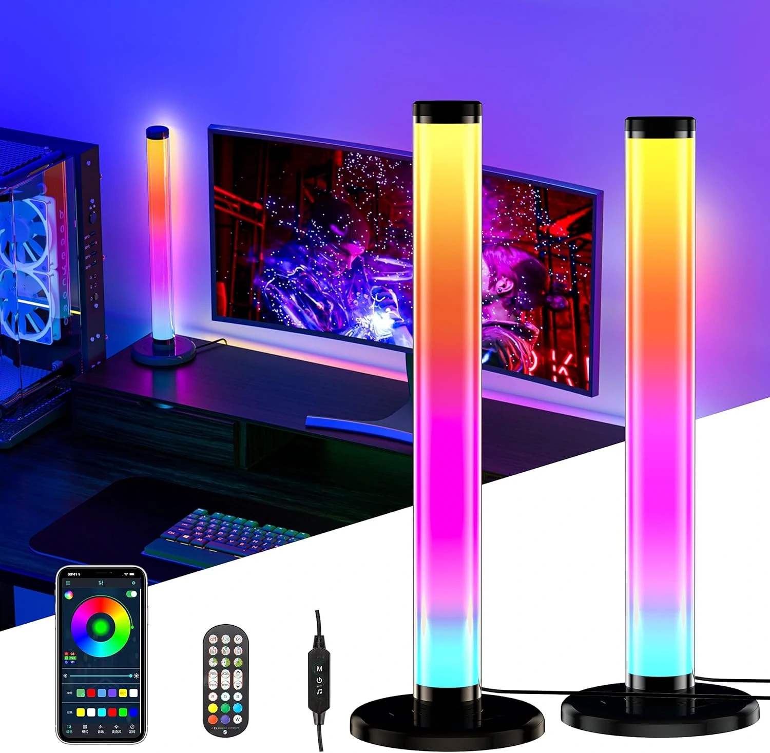 Corpuri de iluminat - Bară Luminoasă RGB 360° Smart, LED 31 cm, 16M Culori, Sync Muzică, App & Telecomandă – Ambient Gaming