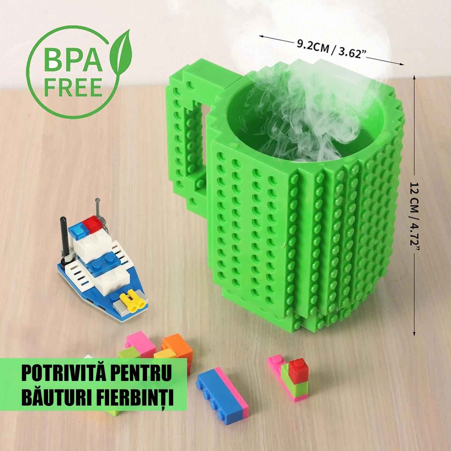 Cană Build-on cu Piese Lego – Funny DIY Mug Cadou Copii & Adulți, Verde [1]