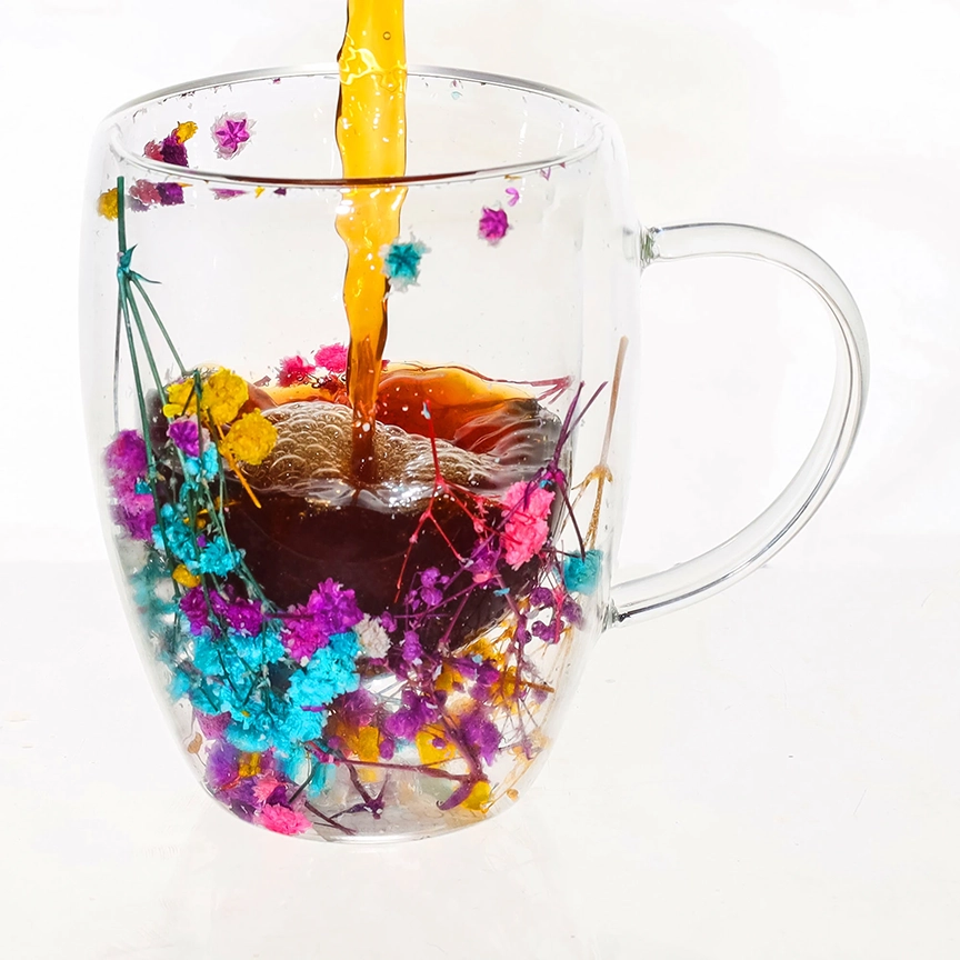 Cana din sticla borosilicata pereti dubli 350ml flori uscate colorate – cana cafea, ceai, cappuccino, latte, espresso, cadou elegant, Next Trend [1]
