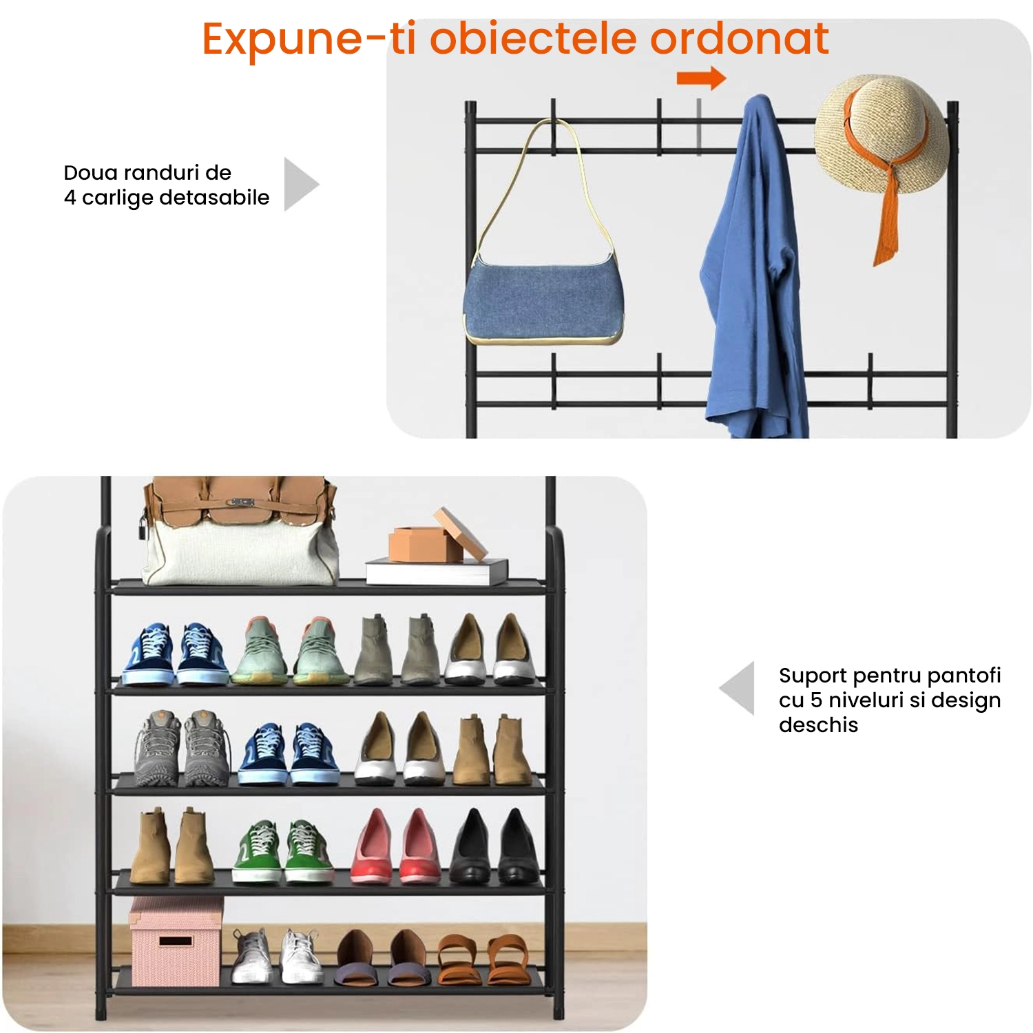 Cuier multifunctional cu pantofar - Raft pantofi 5 niveluri, 8 carlige, cadru metalic, organizator hol, negru [3]