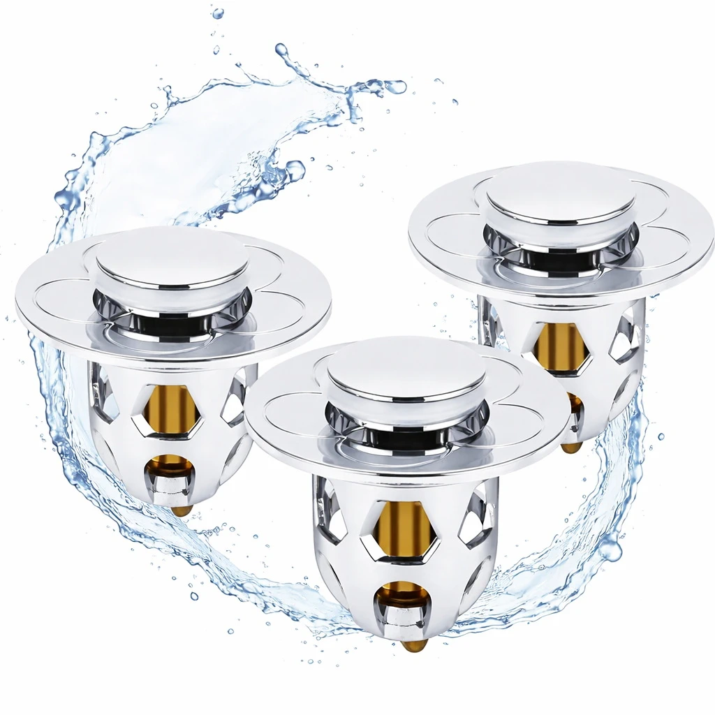 Accesorii baie - Dop Chiuvetă - Cadă Pop-Up Universal cu Filtru Anti-păr | Set 3 buc