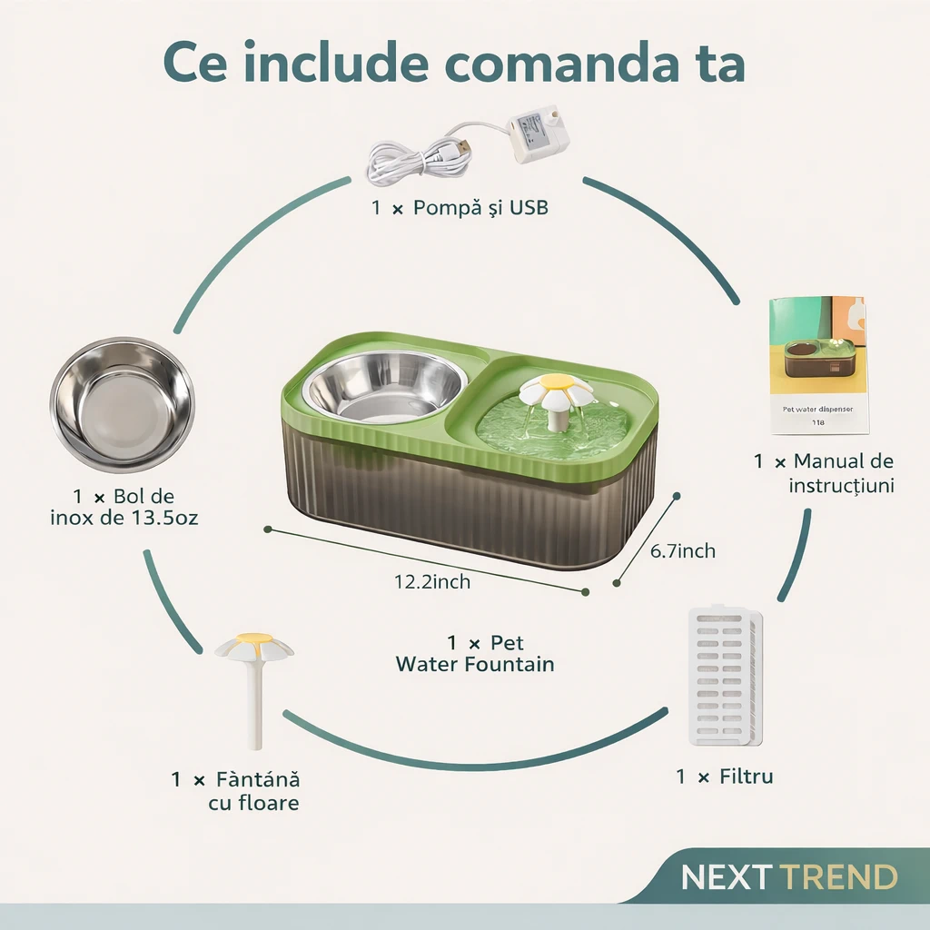 Fântână Apă Câini și Pisici 3L cu Filtru & Pompă Silențioasă + Bol Inox – Dispenser Automat Pet [5]