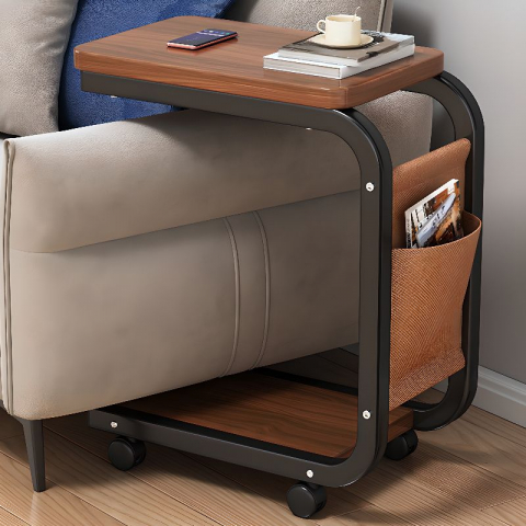 Masuta Cafea sau Laptop Mobila, Design Compact, Otel Carbon, 2 Blaturi Lemn, 4 Roti, Buzunar Depozitare, 65x45x30 cm [9]
