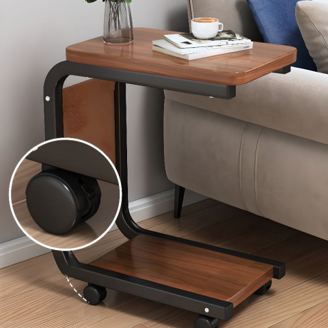 Masuta Cafea sau Laptop Mobila, Design Compact, Otel Carbon, 2 Blaturi Lemn, 4 Roti, Buzunar Depozitare, 65x45x30 cm [3]