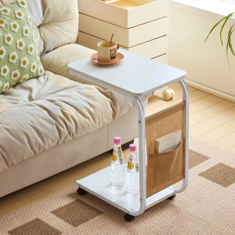 Masuta Cafea sau Laptop Mobila, Design Compact, Otel Carbon, 2 Blaturi Lemn, 4 Roti, Buzunar Depozitare, 65x45x30 cm [0]