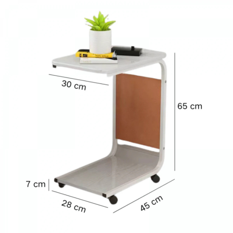 Masuta Cafea sau Laptop Mobila, Design Compact, Otel Carbon, 2 Blaturi Lemn, 4 Roti, Buzunar Depozitare, 65x45x30 cm [5]