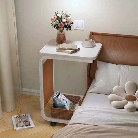 Masuta Cafea sau Laptop Mobila, Design Compact, Otel Carbon, 2 Blaturi Lemn, 4 Roti, Buzunar Depozitare, 65x45x30 cm [3]