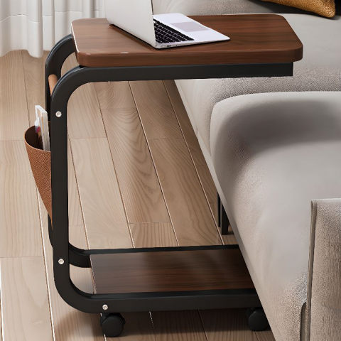 Masuta Cafea sau Laptop Mobila, Design Compact, Otel Carbon, 2 Blaturi Lemn, 4 Roti, Buzunar Depozitare, 65x45x30 cm [2]