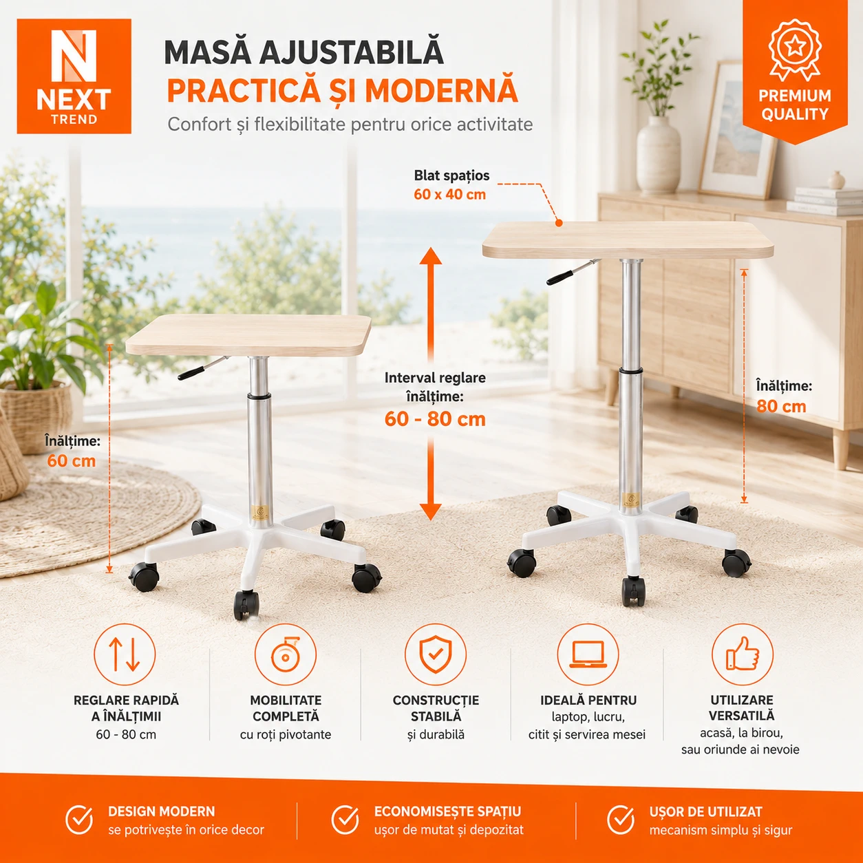 Măsuță Laptop Reglabilă pe înălțime cu Piston Pneumatic 60-80 cm, Blat MDF 60x40 cm, Alb – Birou Mobil Ergonomic pentru Pat, Canapea și Office [2]
