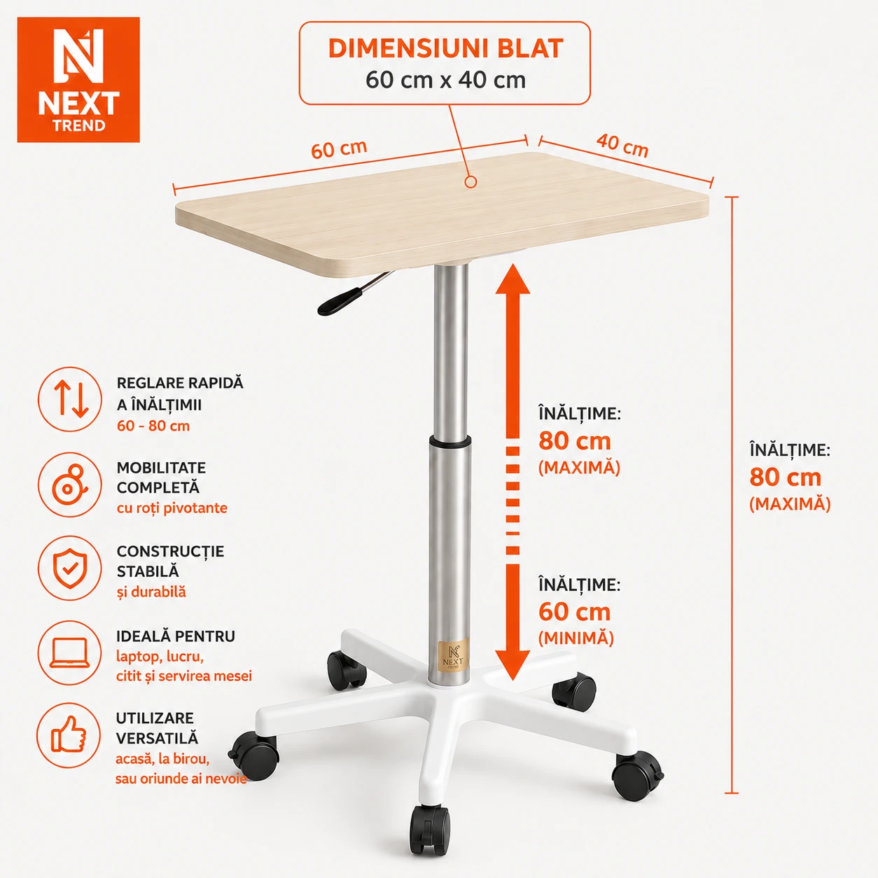 Măsuță Laptop Reglabilă pe înălțime cu Piston Pneumatic 60-80 cm, Blat MDF 60x40 cm, Alb – Birou Mobil Ergonomic pentru Pat, Canapea și Office [4]