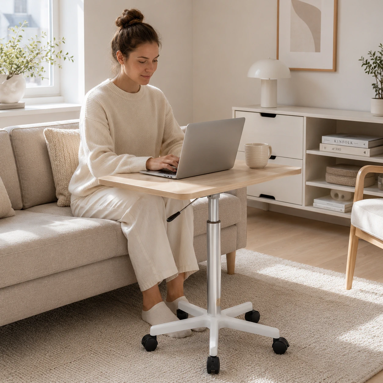 Măsuță Laptop Reglabilă pe înălțime cu Piston Pneumatic 60-80 cm, Blat MDF 60x40 cm, Alb – Birou Mobil Ergonomic pentru Pat, Canapea și Office [5]
