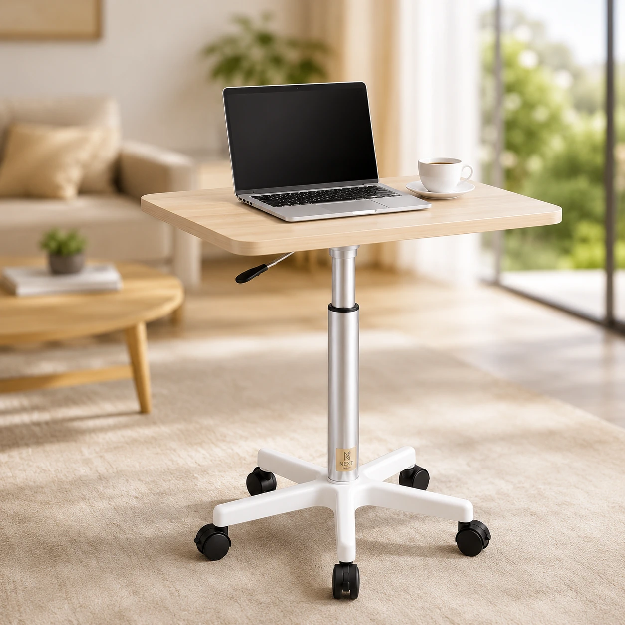 Toate Produsele - Măsuță Laptop Reglabilă pe înălțime cu Piston Pneumatic 60-80 cm, Blat MDF 60x40 cm, Alb – Birou Mobil Ergonomic pentru Pat, Canapea și Office