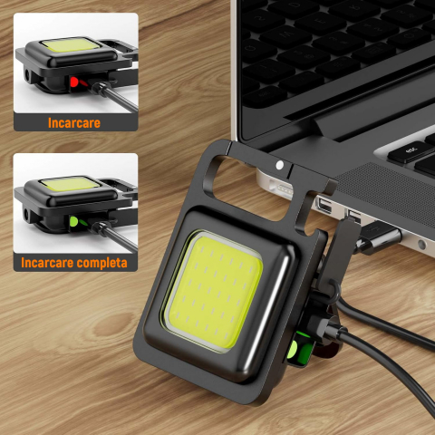 Mini Lanterna Ultra Compacta Metalica Tip Breloc NextTrend - Reincarcabila, LED COB, Ultra Compacta, 3 Moduri de Iluminare, Magnet, Carabina si Desfacator de Sticle [7]