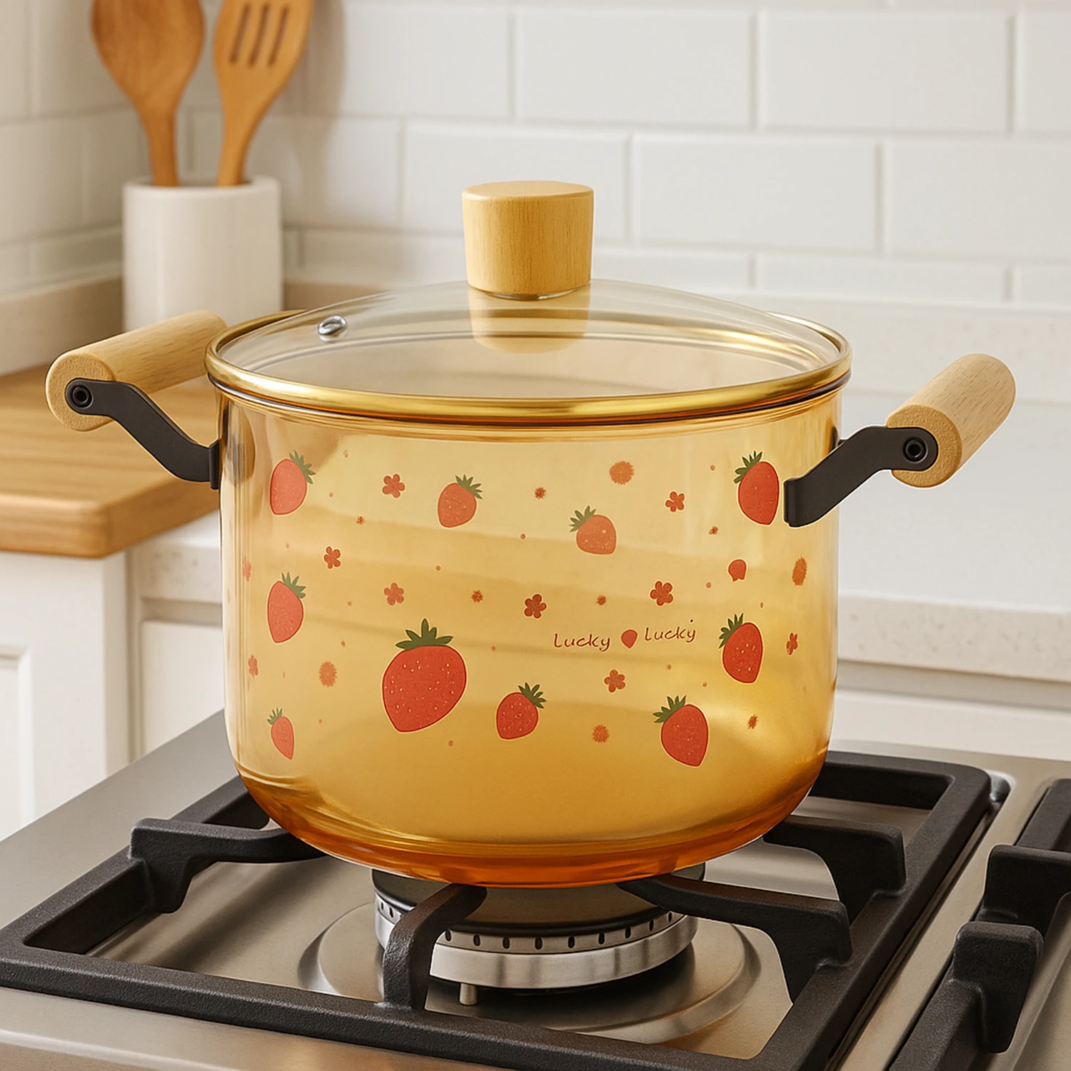 Oala Sticla Borosilicata - 5,5 litri, Decor – Capsuni, Termorezistenta, Transparenta, cu Capac si Maner din lemn, pentru Gatire si Servire [2]