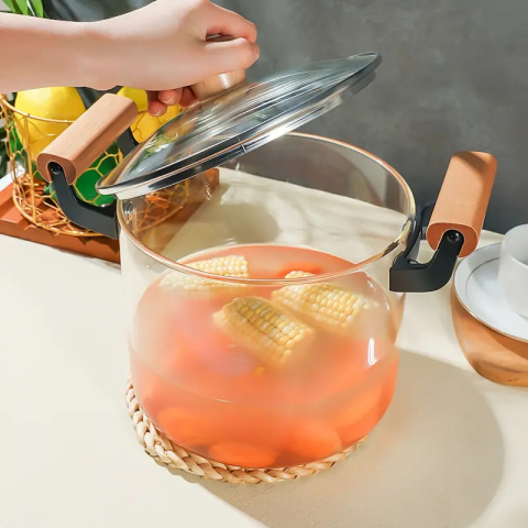 Oala Sticla Borosilicata - Termorezistenta, Transparenta, cu Capac si Maner din lemn, pentru Gatire si Servire [16]