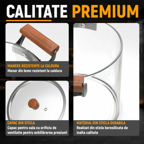 Oala Sticla Borosilicata - Termorezistenta, Transparenta, cu Capac si Maner din lemn, pentru Gatire si Servire [3]