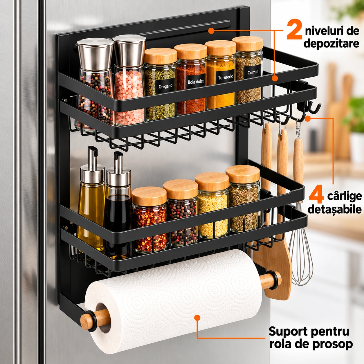 Raft magnetic frigider Next Trend, organizator bucatarie 2 niveluri, negru [2]