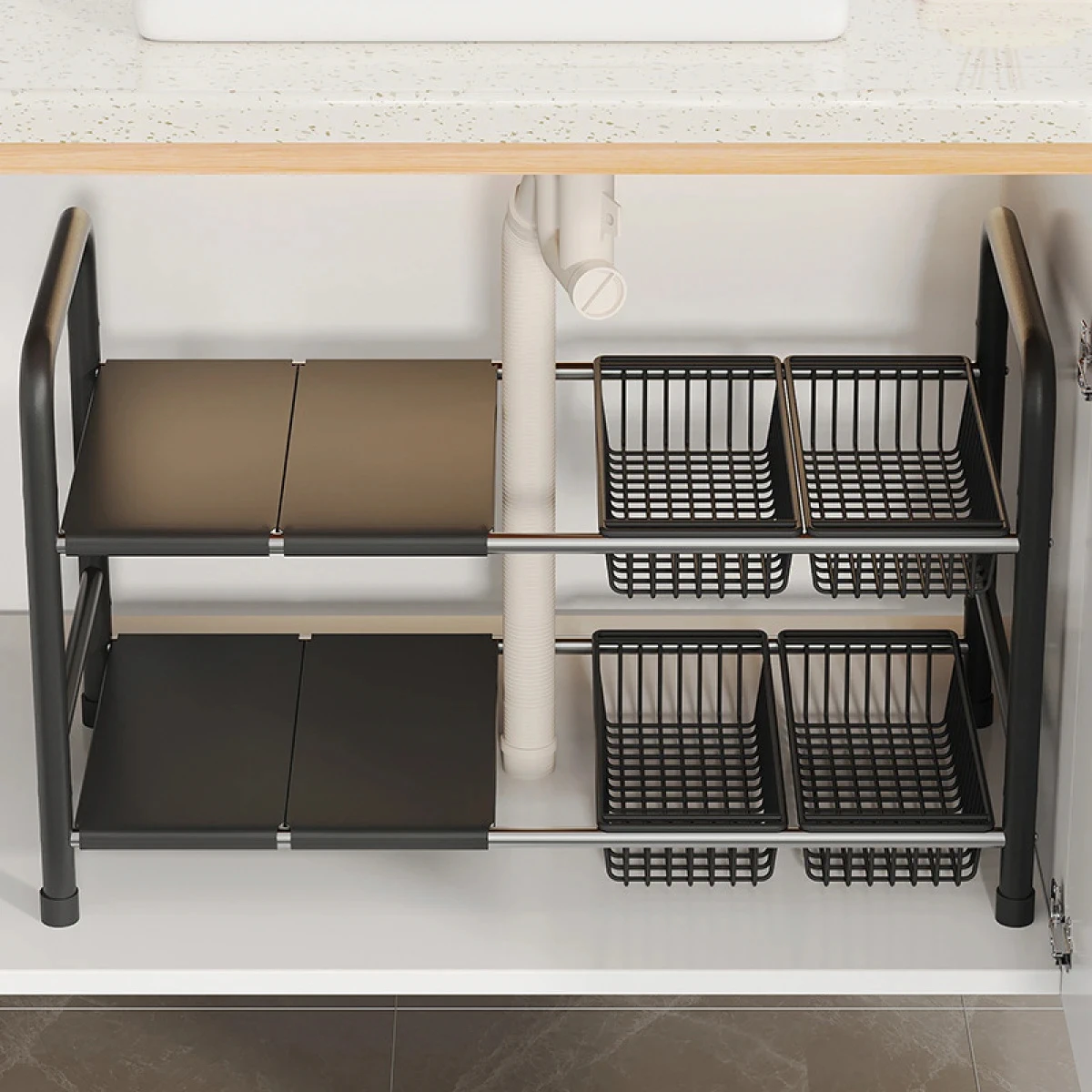 Raft metalic extensibil sub chiuveta negru 4 cosuri [5]
