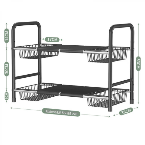 Raft Metalic Extensibil pentru Depozitare sub Chiuveta, Negru, 4 Cosuri – Organizare inteligenta pentru bucataria ta [7]