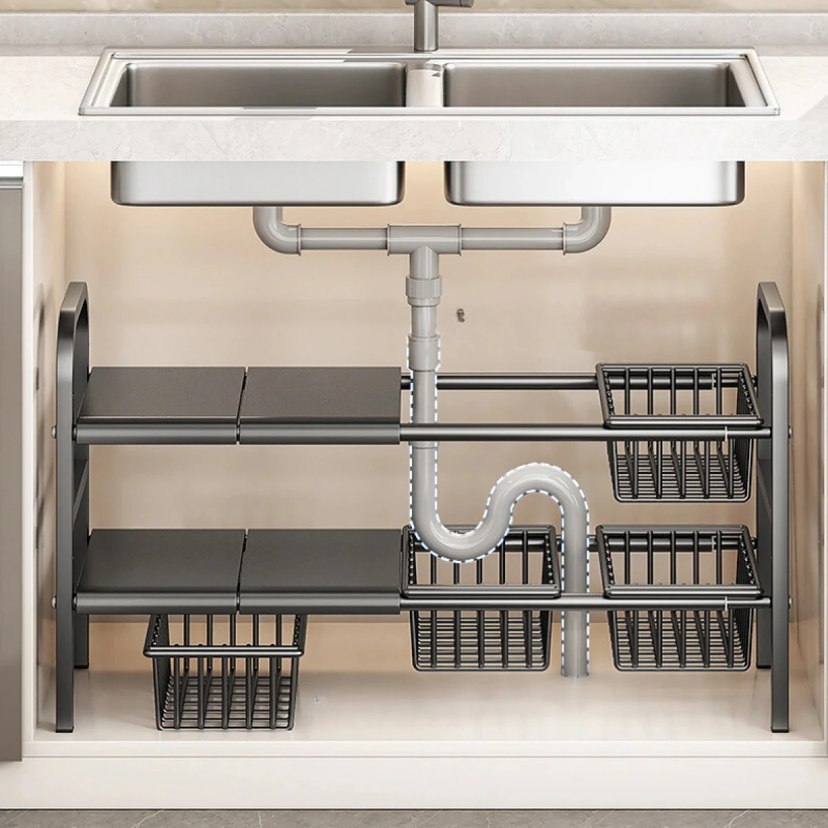 Raft metalic extensibil sub chiuveta negru 4 cosuri [1]