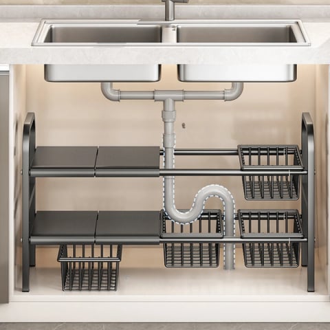 Raft Metalic Extensibil pentru Depozitare sub Chiuveta, Negru, 4 Cosuri – Organizare inteligenta pentru bucataria ta [9]