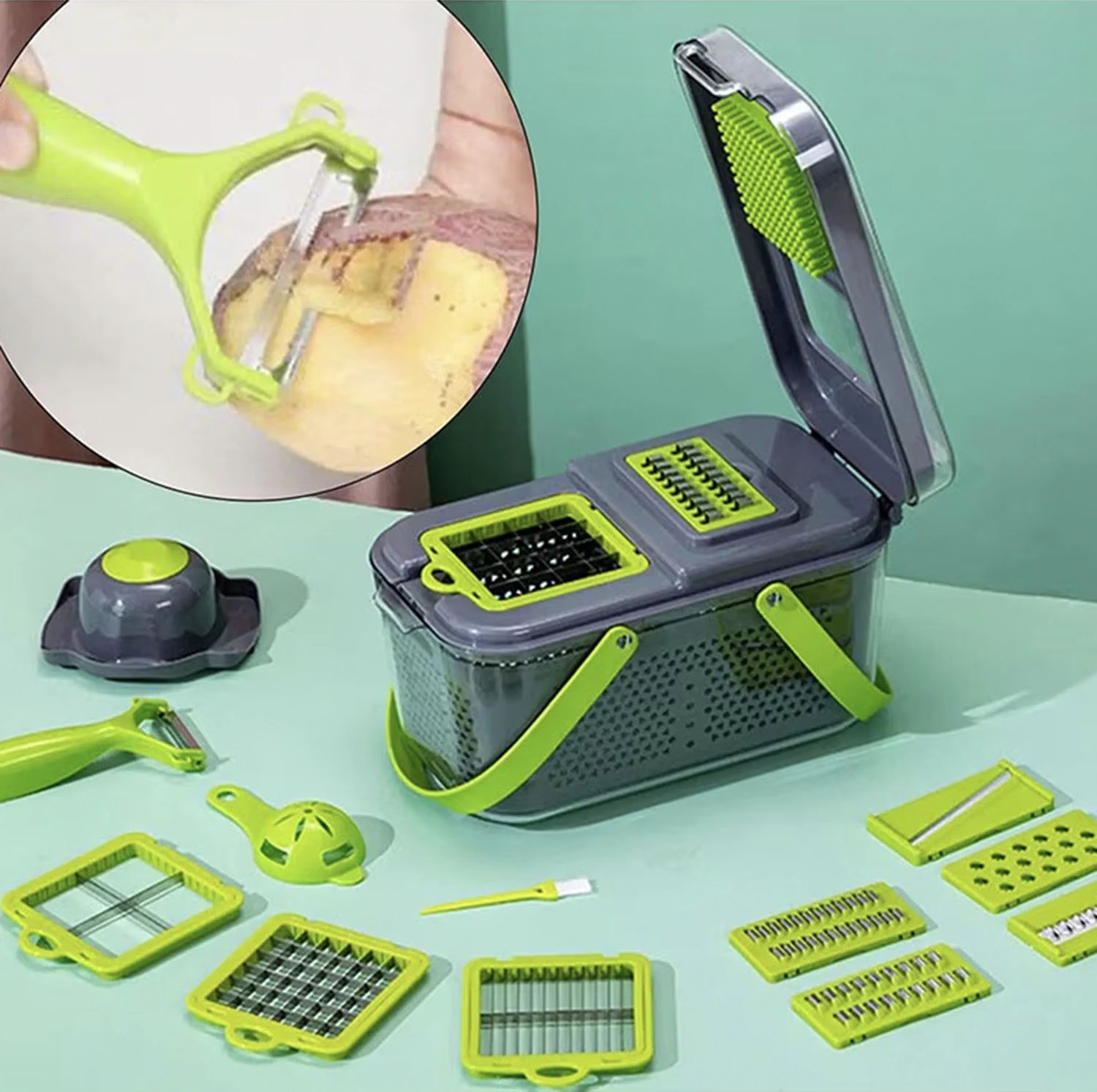 Răzătoare Legume Multifuncțional 22-în-1 cu 13 Lame Inox, Mandolină Reglabilă, Coș Scurgere și Recipient Depozitare [6]