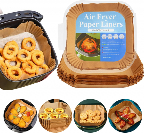 Set 100 hartii de copt pentru air fryer, Termorezistent, in suport de plastic cu capac  20 x 20 x 4.5 cm, patrat [1]