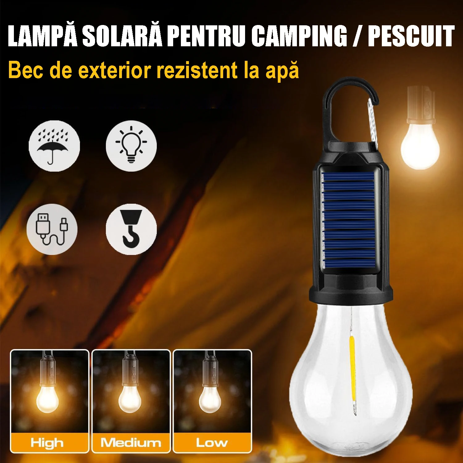 Set 3 Lămpi LED Solare Camping Reîncărcabile USB – Becuri Portabile cu Agățătoare pentru Cort, Drumeții și Exterior [3]