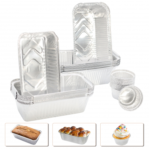 Bucatarie & Servire - Set 40 Forme de copt aluminiu, Unica folosinta: Tava cozonac, paine - 10 buc, Tava chec - 10 buc, Forma briose, mini-tarte - 20 buc, Gatire rapida si uniforma