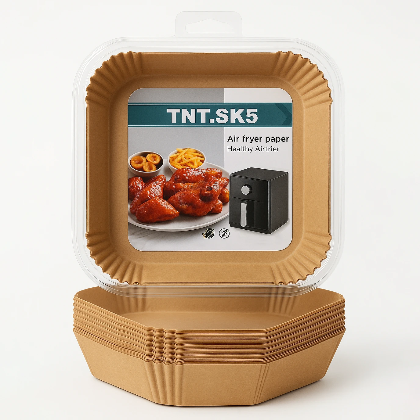 Bucatarie & Servire - Set 50 Hârtii de Copt pentru Air Fryer, Pătrate 20×20×4.5 cm, Termorezistente, în Suport din Plastic cu Capac – Ideale pentru Friteuze cu Aer, Gătit Curat, Fără Lipire și Protecție Anti-Stropire