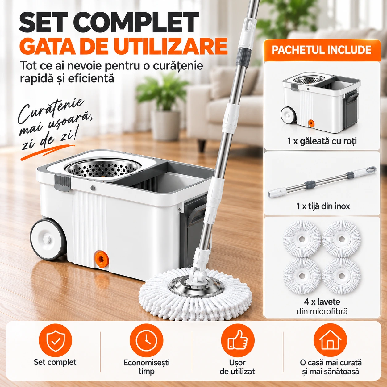 Set mop rotativ 360 cu galeata centrifuga inox 4 lavete [7]