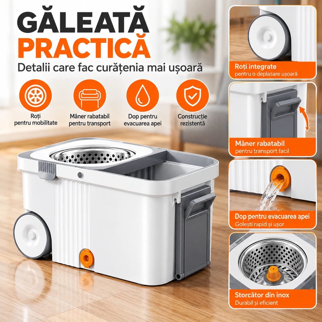 Set mop rotativ 360 cu galeata centrifuga inox 4 lavete [2]