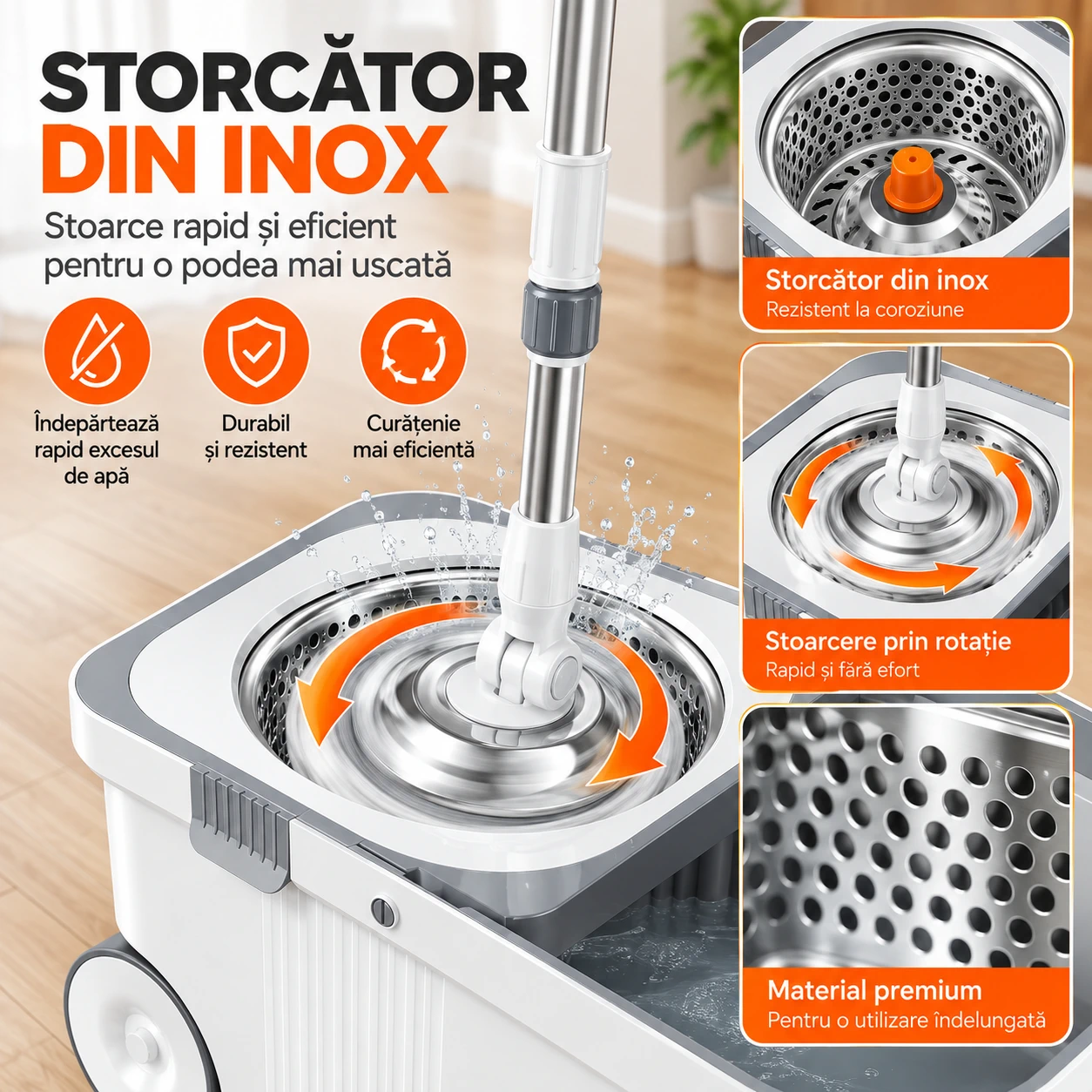 Set mop rotativ 360 cu galeata centrifuga inox 4 lavete [3]