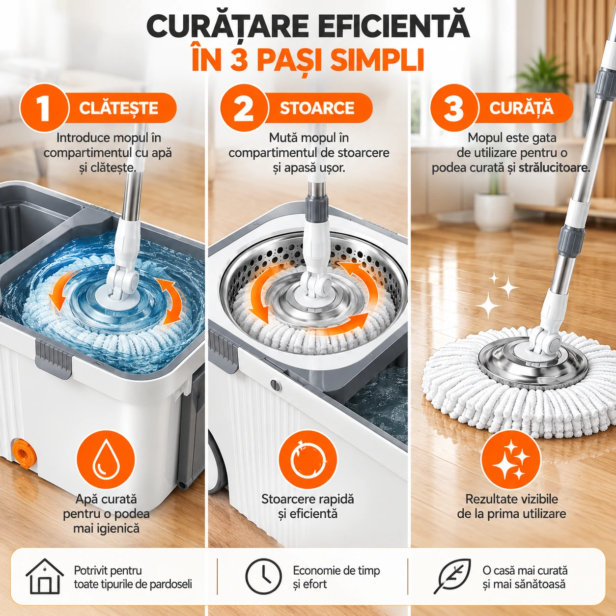 Set mop rotativ 360 cu galeata centrifuga inox 4 lavete [4]