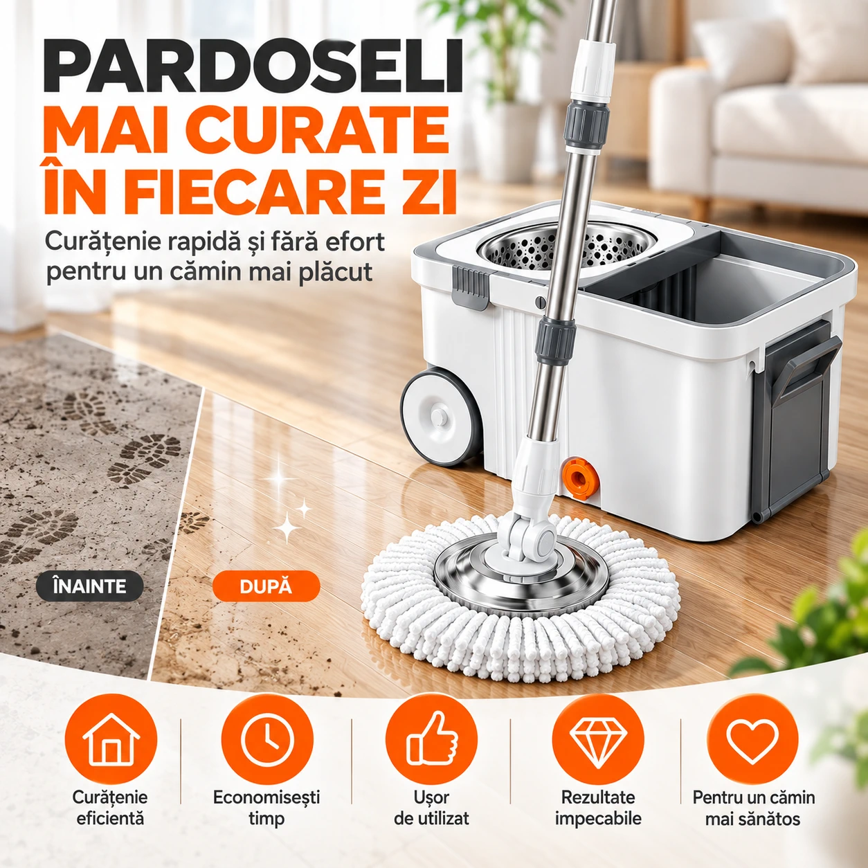 Set mop rotativ 360 cu galeata centrifuga inox 4 lavete [6]
