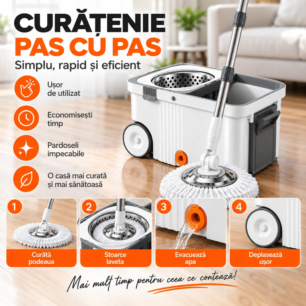 Set mop rotativ 360 cu galeata centrifuga inox 4 lavete [8]