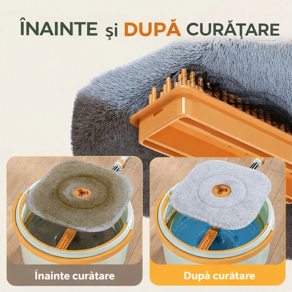 Set Mop Rotativ 360° cu Găleată Centrifugă, Separare Apă Curată/Murdară, Evacuare, 4 Rezerve Microfibră [2]