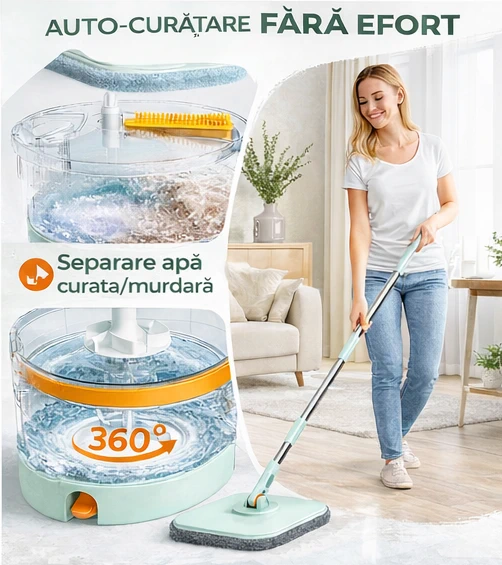 Set Mop Rotativ 360° cu Găleată Centrifugă, Separare Apă Curată/Murdară, Evacuare, 4 Rezerve Microfibră [1]