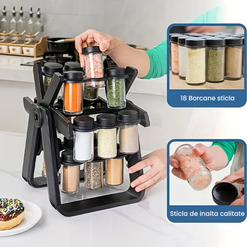 Set Rotativ Condimente - 18 Borcane Sticla, Organizator Bucatarie, Rotatie 360° pentru Acces Rapid [4]