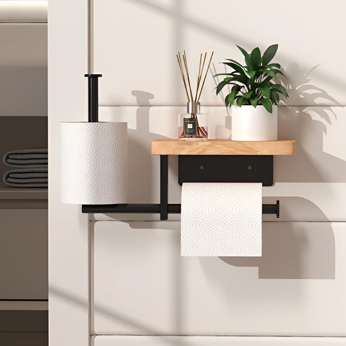 Suport hârtie igienică cu poliță din lemn și spațiu pentru rezervă – montare pe perete cu adeziv sau șuruburi, design modern Negru/Maro 27x22 cm [2]