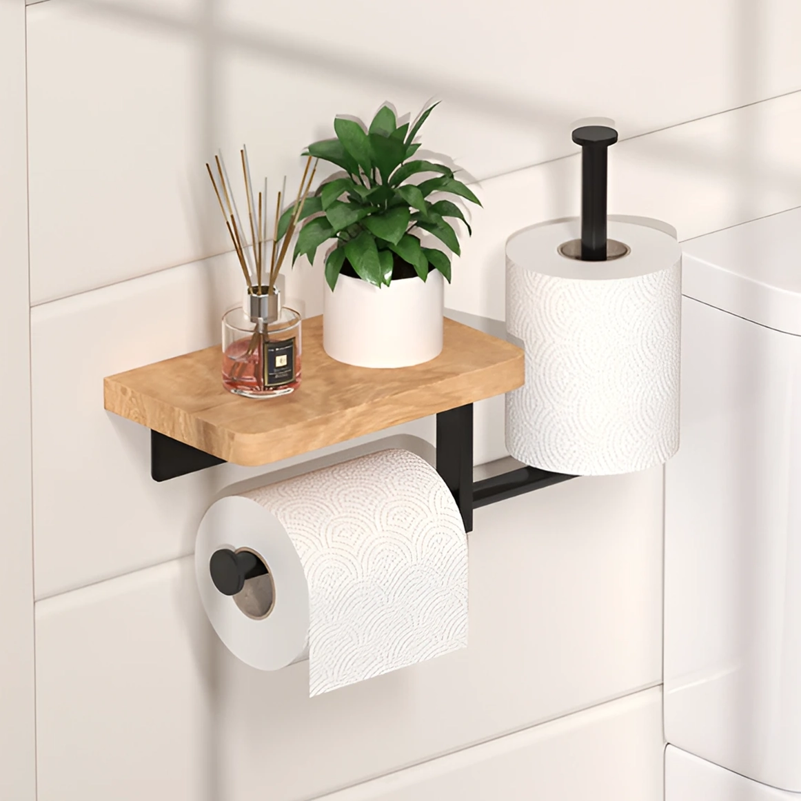 Suport hârtie igienică cu poliță din lemn și spațiu pentru rezervă – montare pe perete cu adeziv sau șuruburi, design modern Negru/Maro 27x22 cm [3]