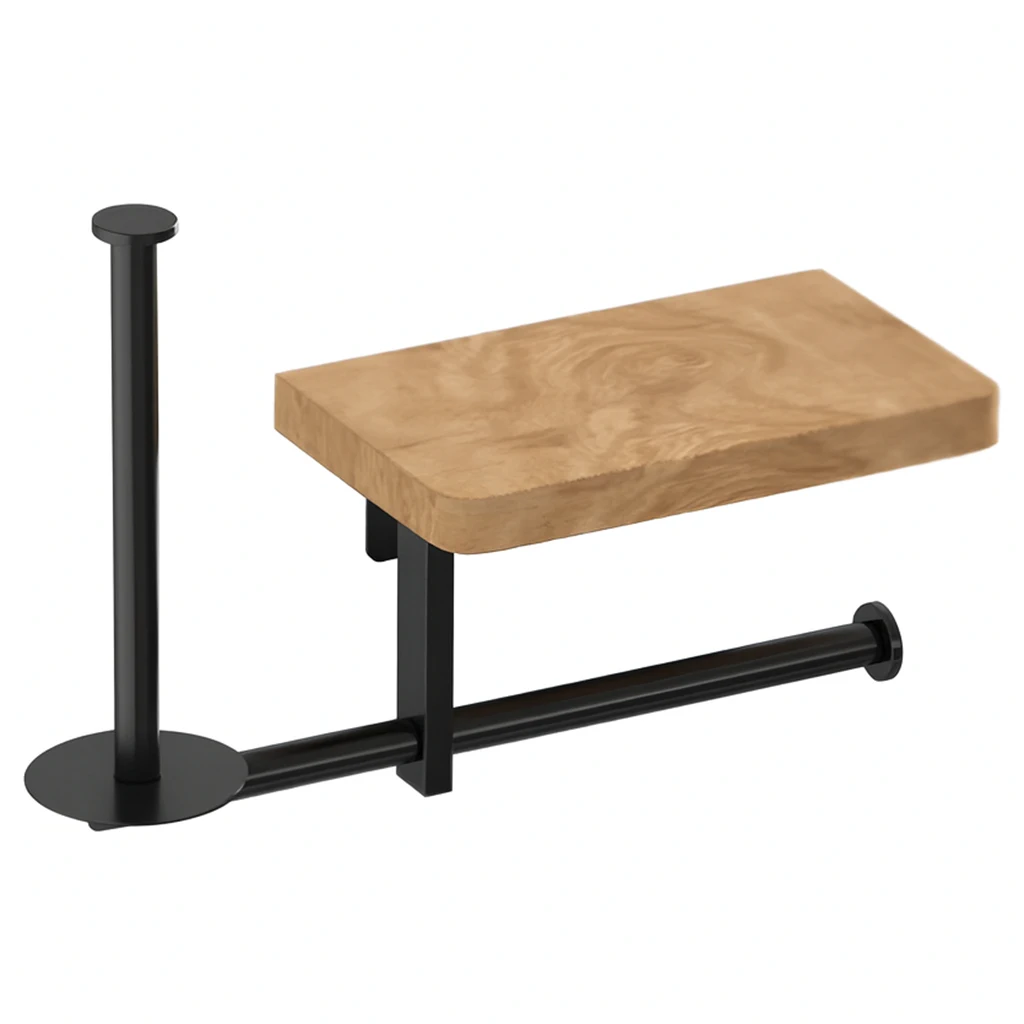 Suport hârtie igienică cu poliță din lemn și spațiu pentru rezervă – montare pe perete cu adeziv sau șuruburi, design modern Negru/Maro 27x22 cm [5]