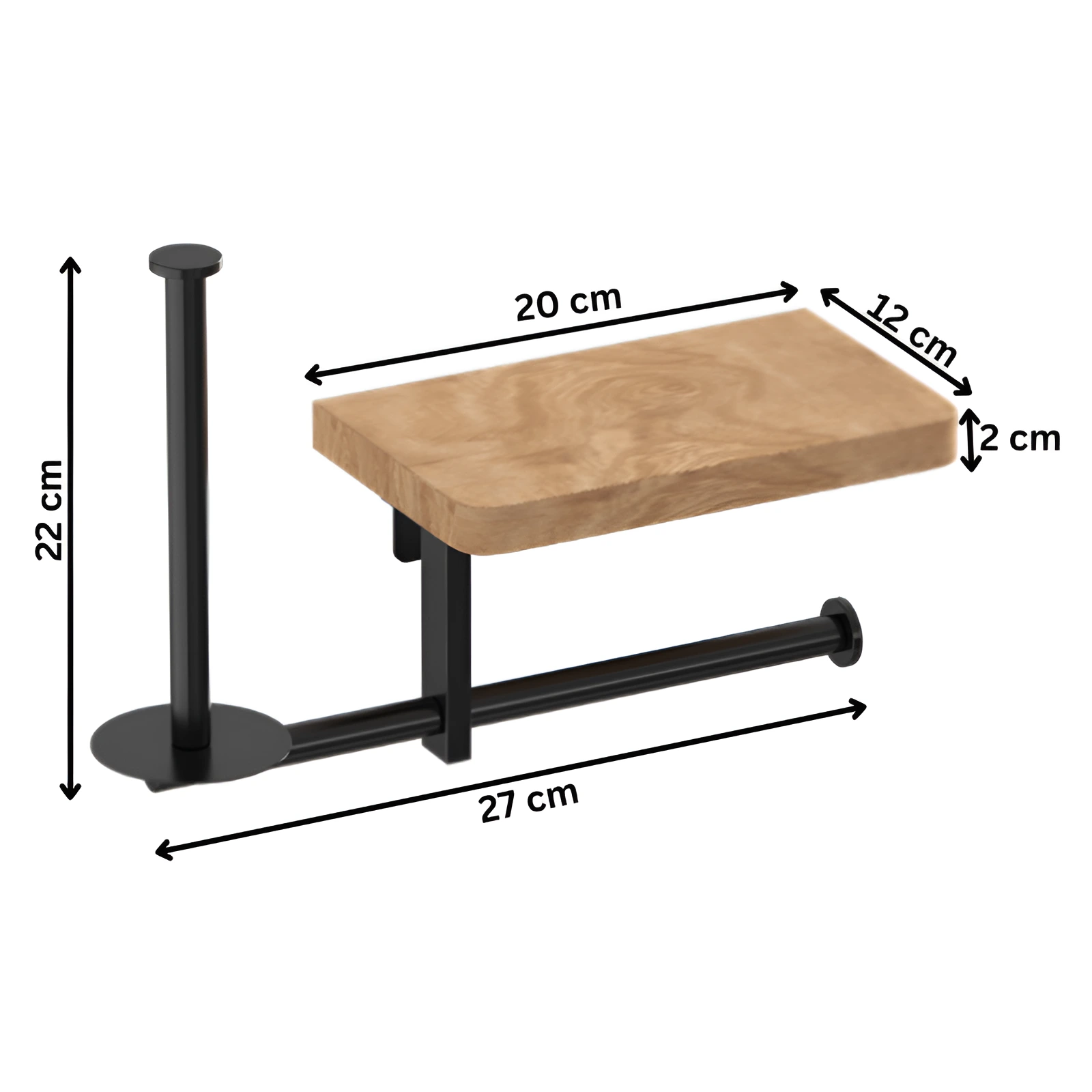 Suport hârtie igienică cu poliță din lemn și spațiu pentru rezervă – montare pe perete cu adeziv sau șuruburi, design modern Negru/Maro 27x22 cm [1]