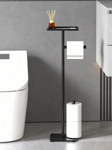 Suport metalic pentru hartie igienica cu polita accesorii, 2 spatii stocare, 72 cm, negru - Design modern si practic [4]