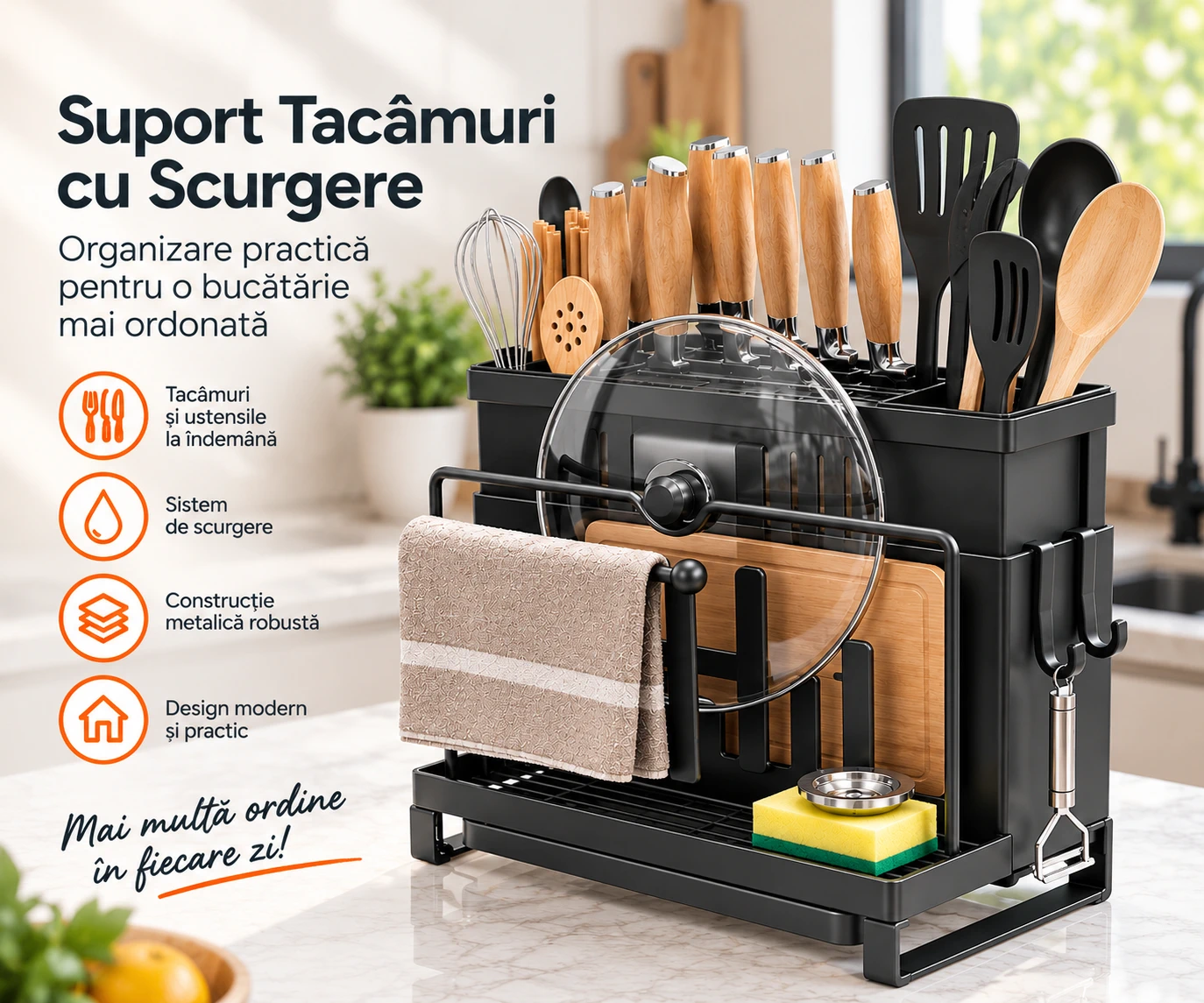 Suport tacamuri cu scurgere Next Trend, ABS si metal, negru [2]