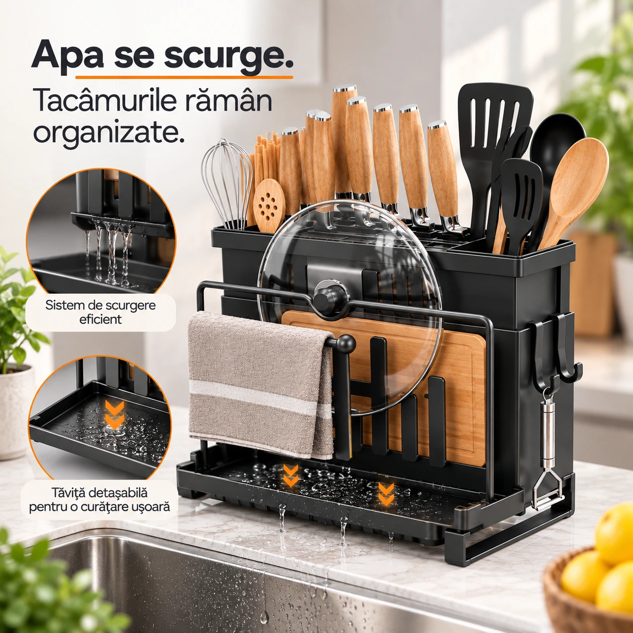 Suport tacamuri cu scurgere Next Trend, ABS si metal, negru [1]
