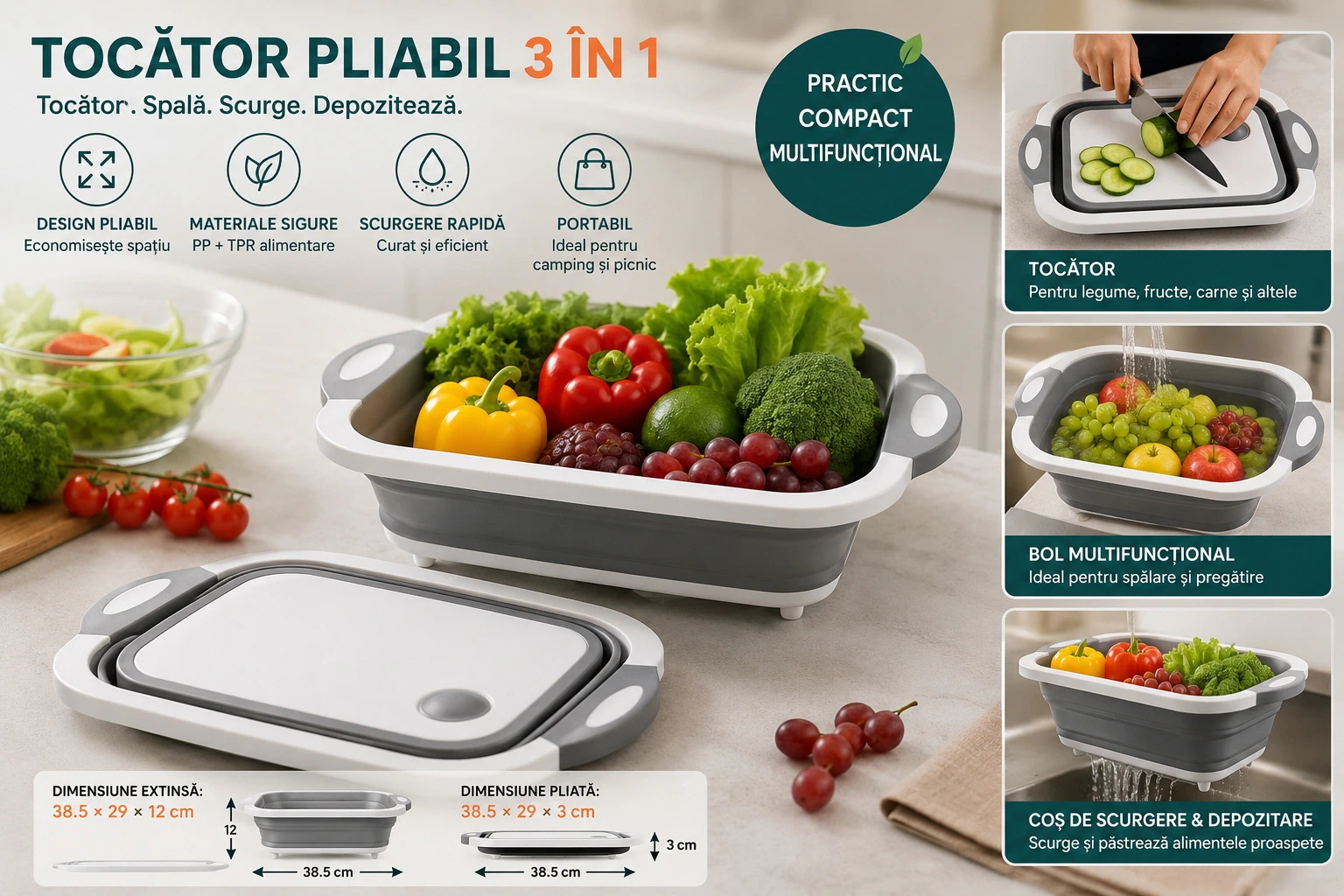 Tocător pliabil 3 în 1 pentru bucătărie și camping, bol multifuncțional cu coș de scurgere, ideal pentru legume, fructe, picnic și grătar [1]