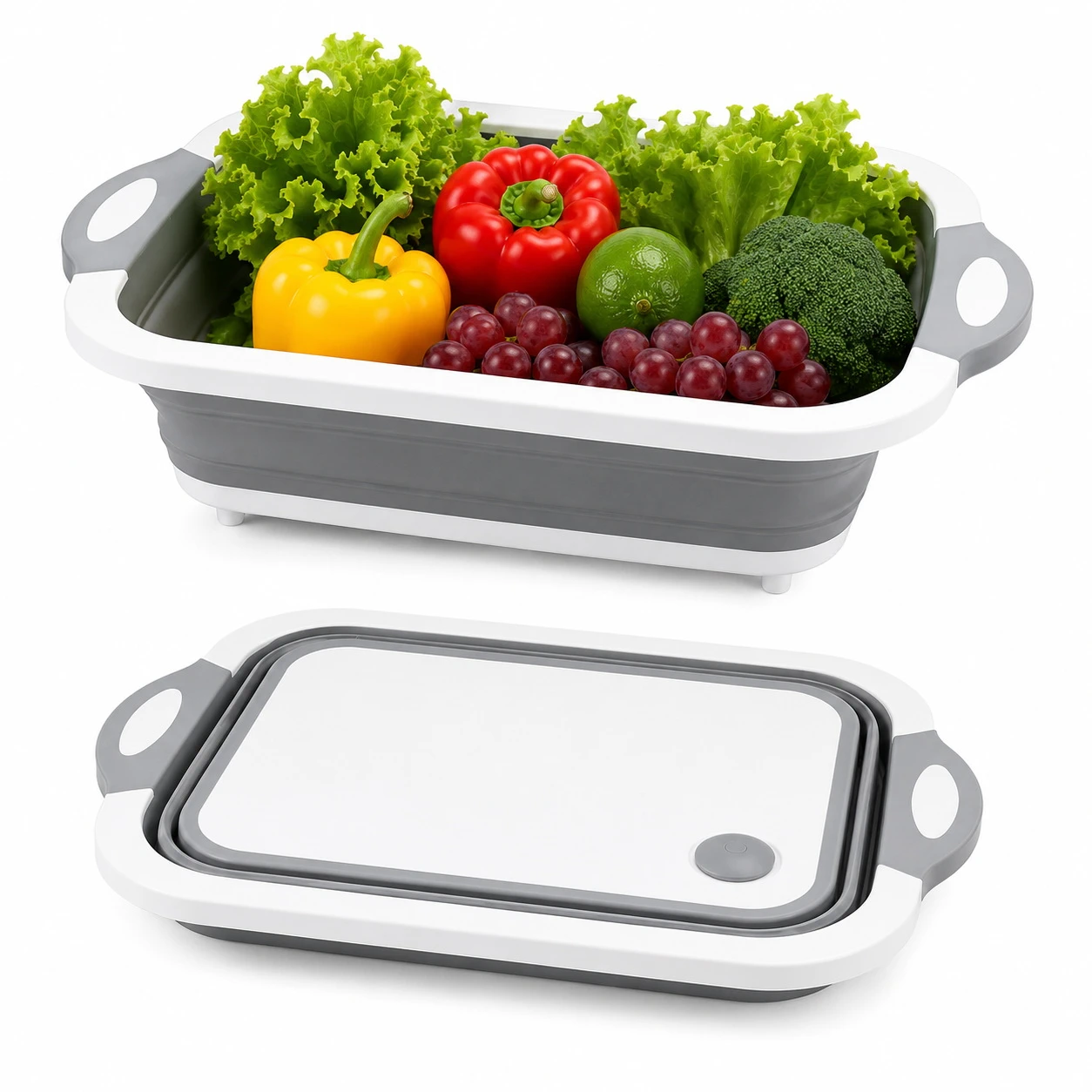 Tocător pliabil 3 în 1 pentru bucătărie și camping, bol multifuncțional cu coș de scurgere, ideal pentru legume, fructe, picnic și grătar [0]