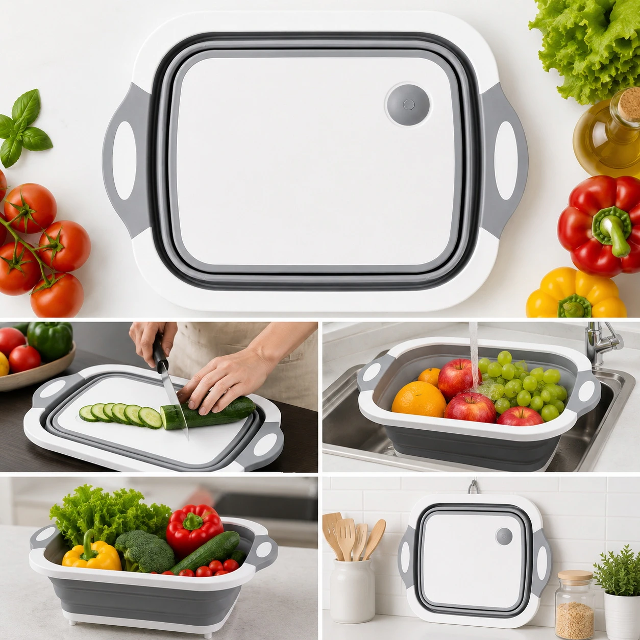 Tocător pliabil 3 în 1 pentru bucătărie și camping, bol multifuncțional cu coș de scurgere, ideal pentru legume, fructe, picnic și grătar [9]