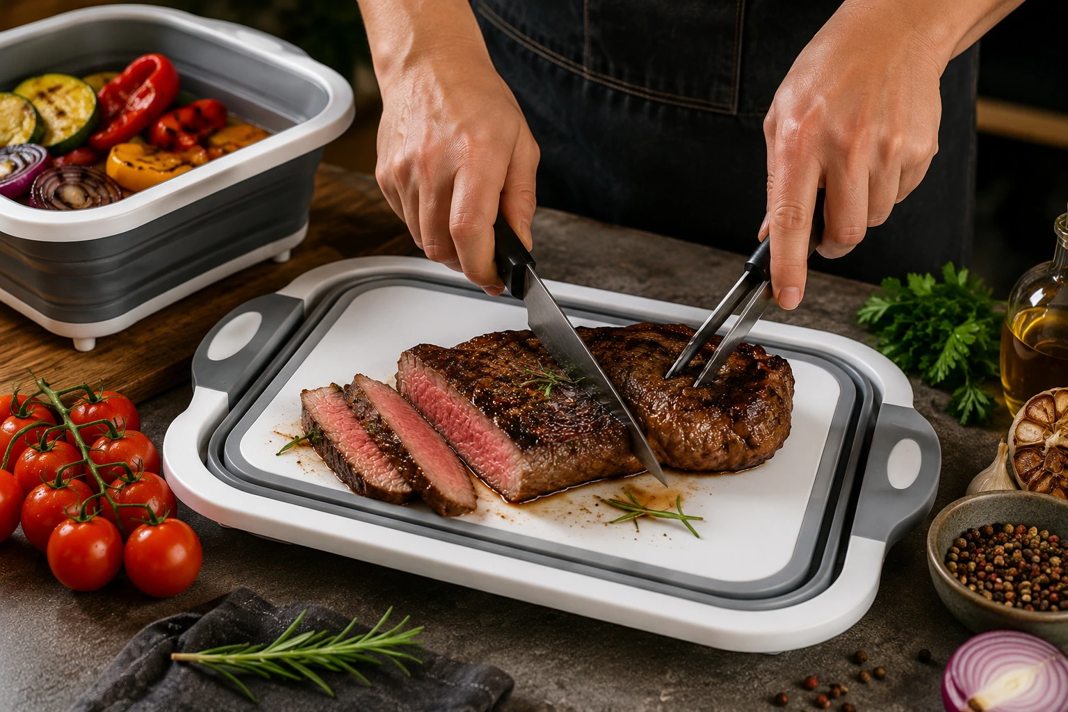 Tocător pliabil 3 în 1 pentru bucătărie și camping, bol multifuncțional cu coș de scurgere, ideal pentru legume, fructe, picnic și grătar [8]